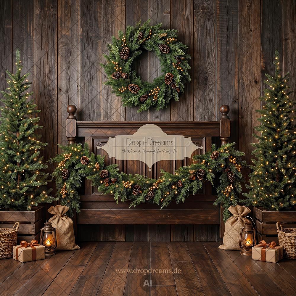 Weihnachts-Backdrop Christmas Lodge mit dunkler Holzwand, Holzbank und Weihnachtsbäumen in Dunkelbraun, Tannengrün und Gold von Drop-Dreams